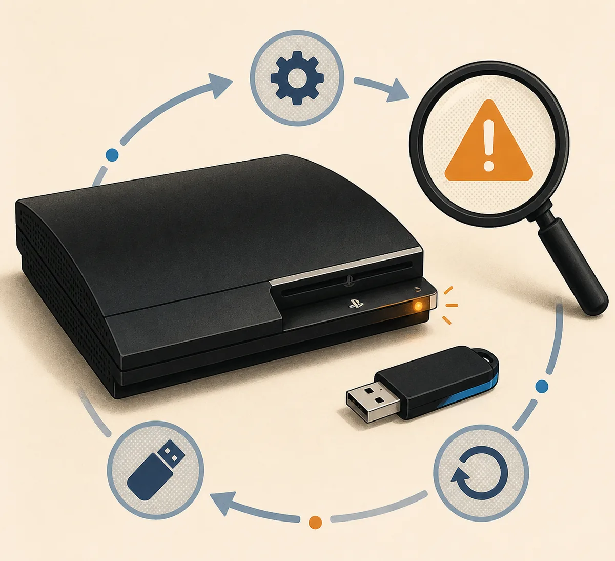 Illustrative PS3 console with a USB update drive, warning symbol, and diagnostic loop