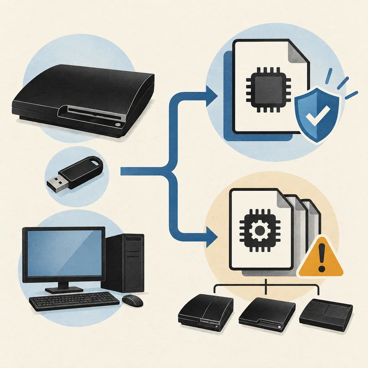 Redaktioneller Entscheidungsfluss von einer PS3-Konsole und einem Computer zu geprüfter offizieller Firmware oder einem spezialisierten modifizierten Ablauf