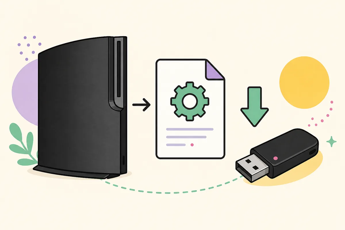 Illustration einer PS3-Konsole, einer Firmware-Datei, eines Downloadpfeils und eines USB-Sticks