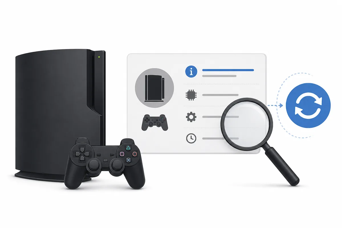 Editorial illustration of a PS3 console and an information card being checked before a firmware update