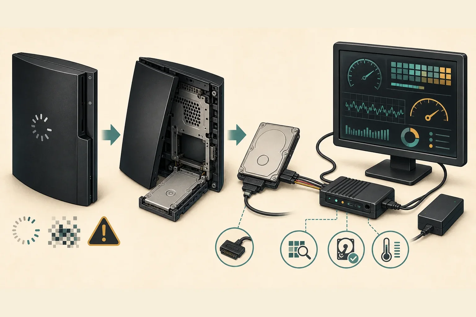 Editorial concept sequence from PS3 loading symptoms to an external hard-drive health check