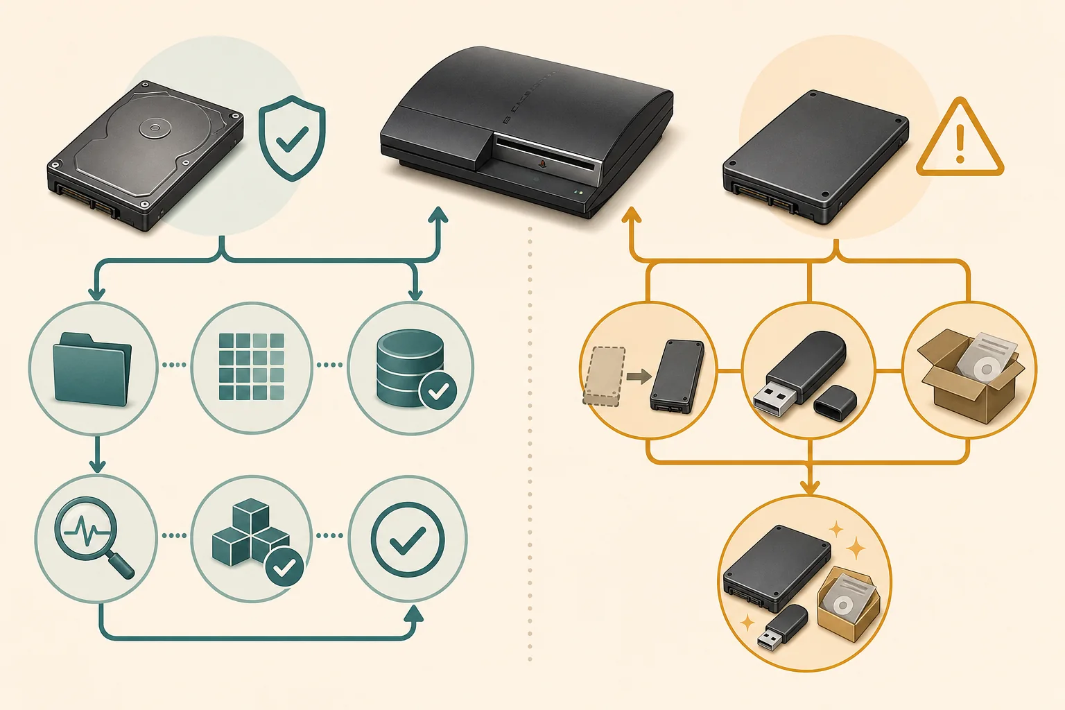 Editorial decision diagram comparing backup and verification with PS3 drive replacement