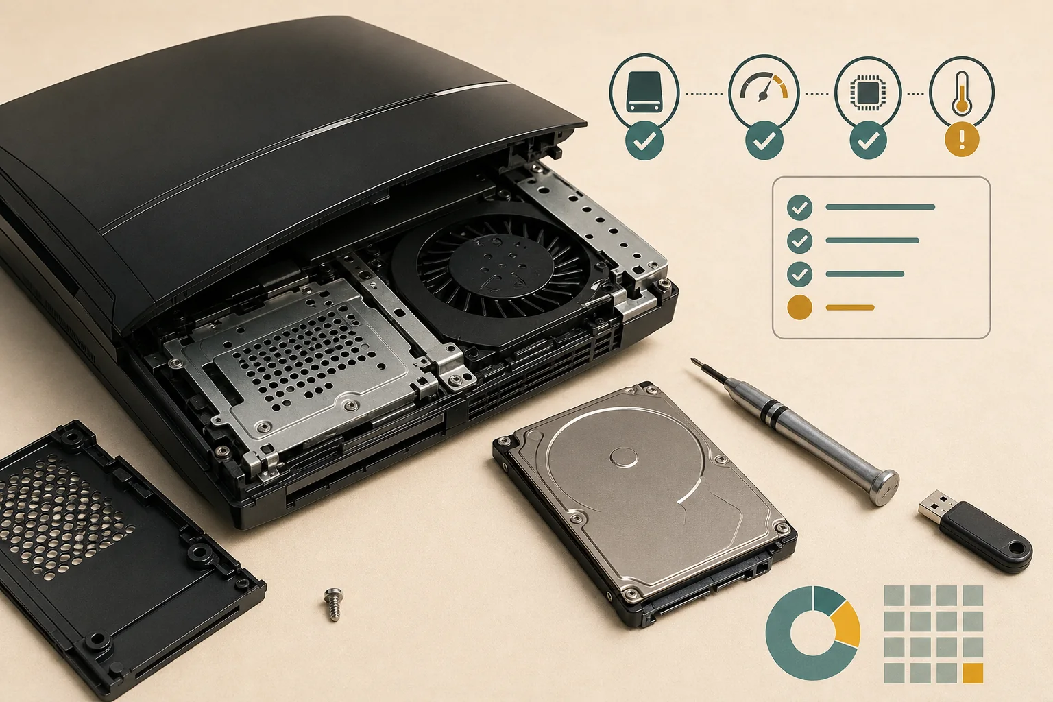 Editorial concept illustration of a PS3, internal hard drive, USB drive, and storage health checks