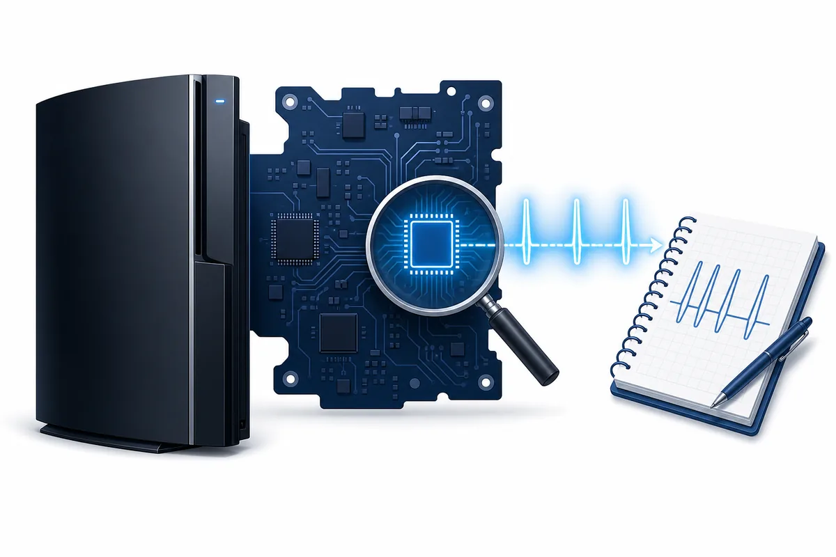 Ilustración de una PS3, señales de diagnóstico, una lupa y notas de reparación