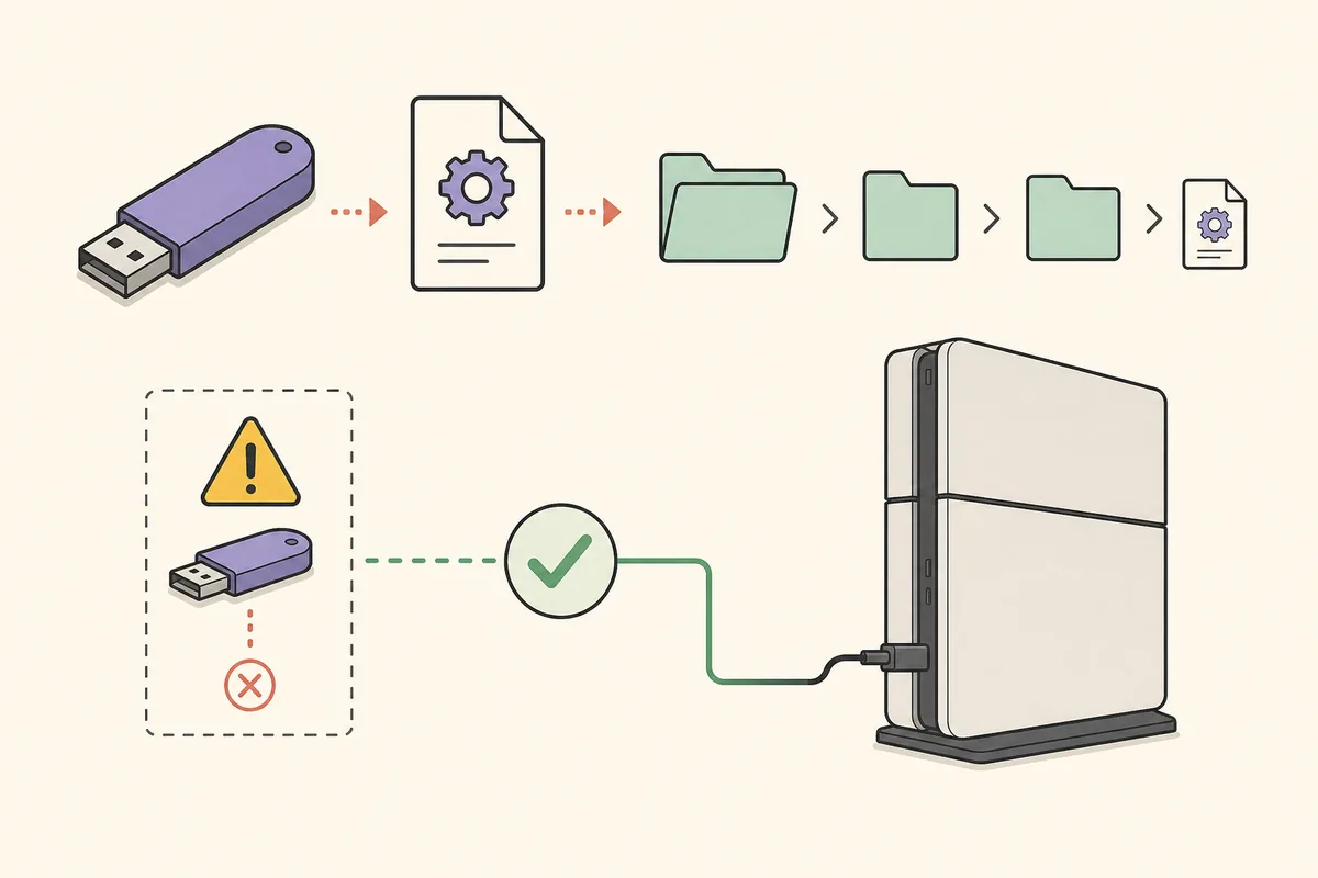 Editorial troubleshooting illustration with a USB drive, firmware file, folders, console, warning, and check mark