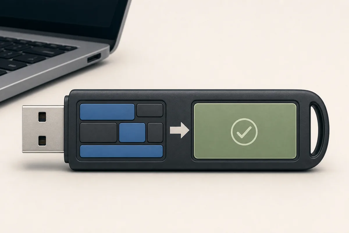 Editorial diagram showing a USB drive changing from a mixed layout to a ready single-volume state