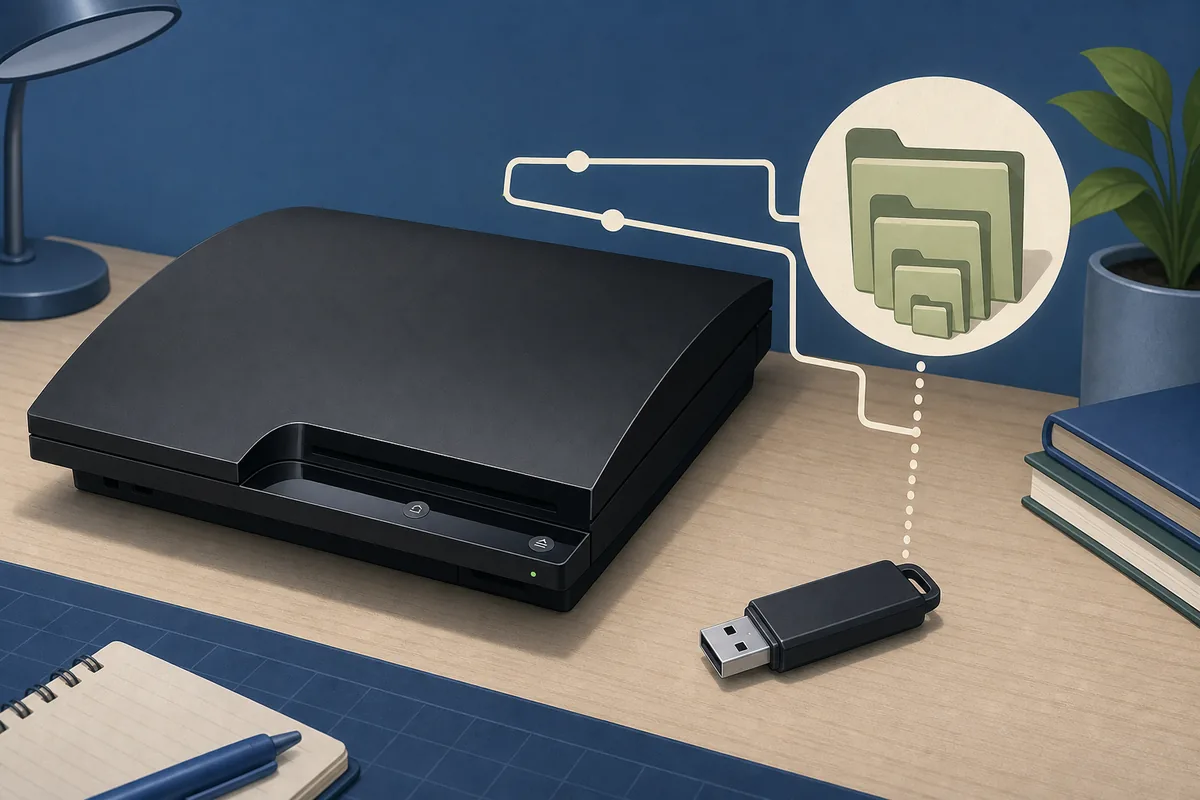 Illustration of a PS3 console and USB drive prepared for a firmware update