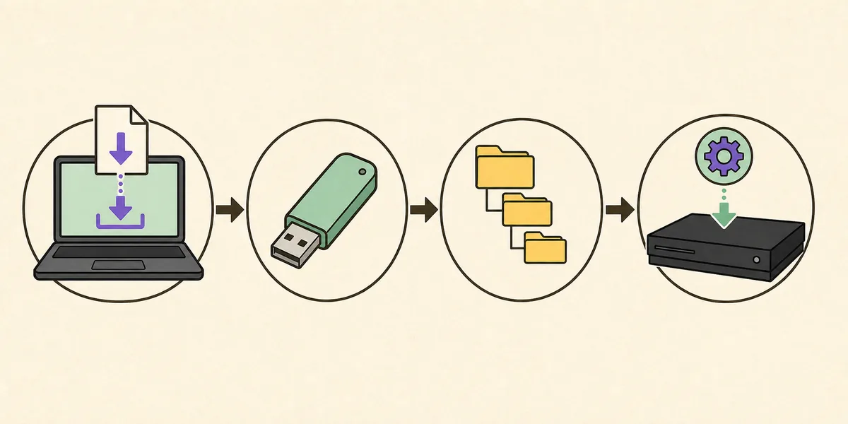 Four-step illustration showing firmware download, USB drive, folders, and a game console update