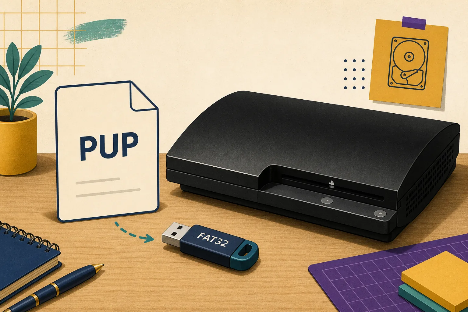 Editorial illustration of a PUP file, a PS3 console, and a FAT32 USB drive